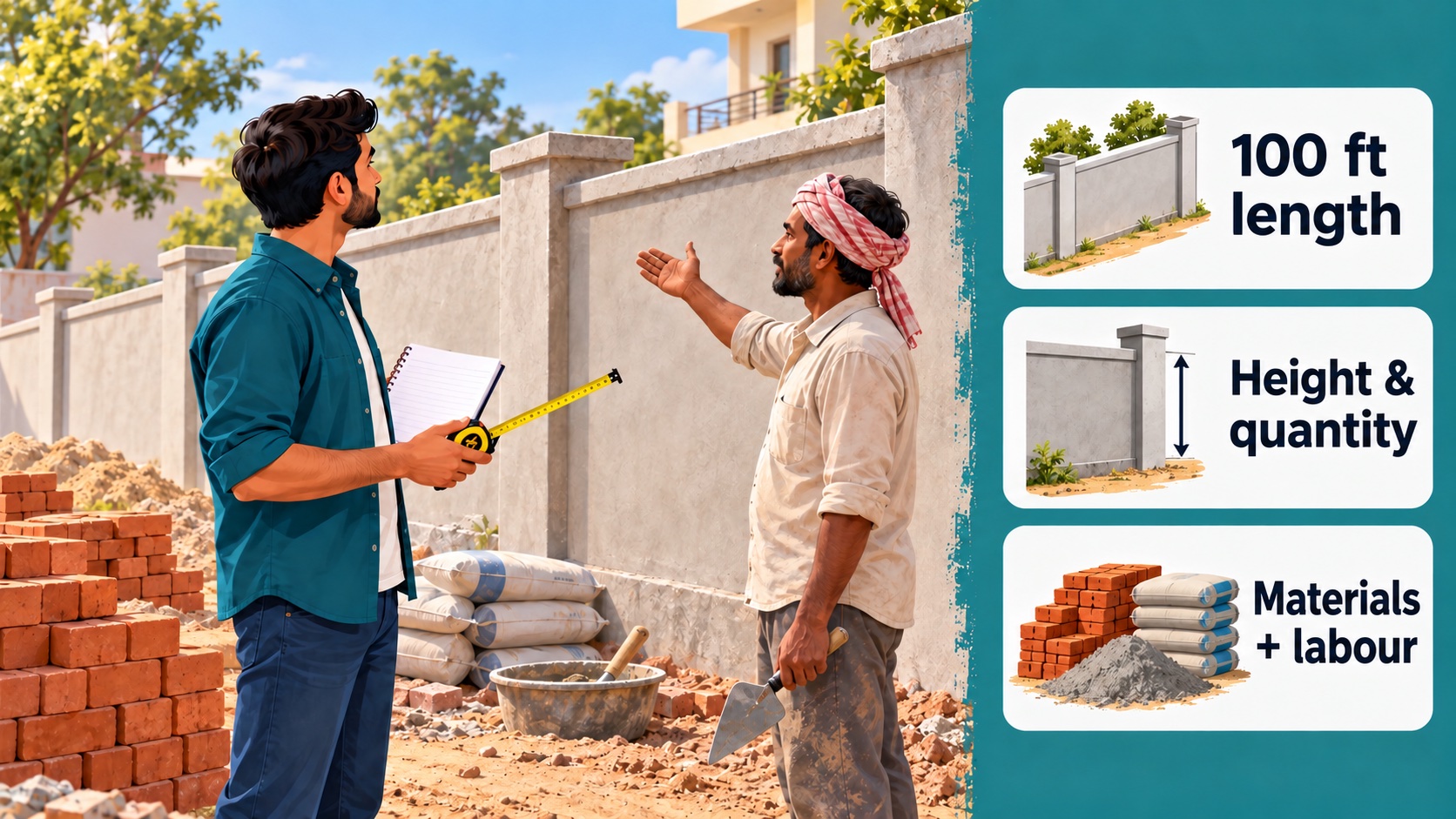 A homeowner and mason review a boundary wall, with English labels for length, height, quantities, materials and labour.