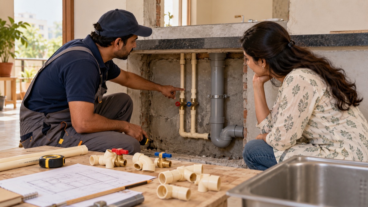 A plumber explaining supply and drain connections to a homeowner in an unfinished kitchen.