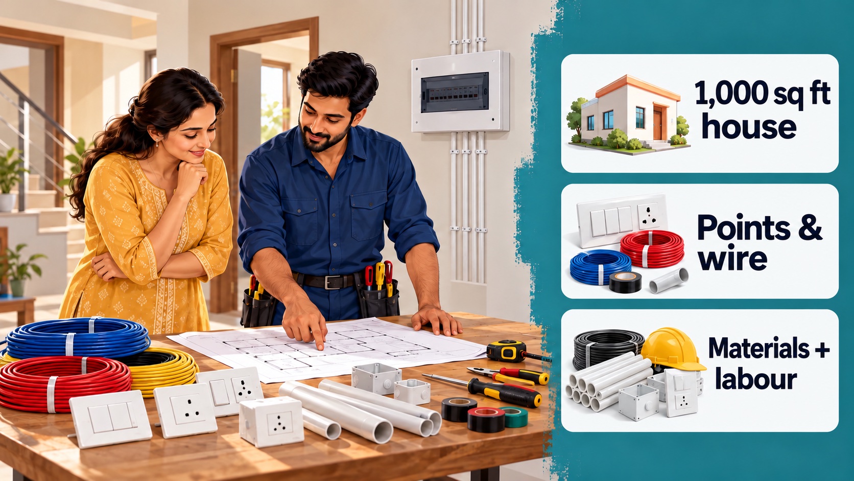 A homeowner and electrician review a house wiring plan, with English labels for house area, points, wire, materials and labour.