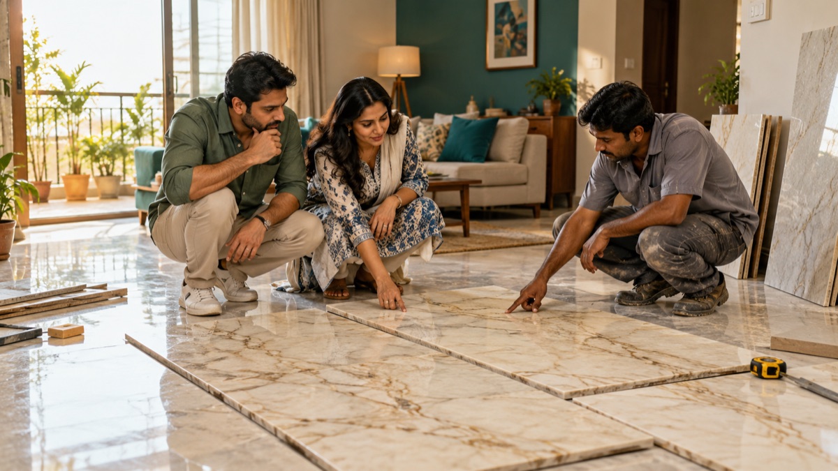Homeowners and an installer reviewing the veining of marble pieces laid out in a room.