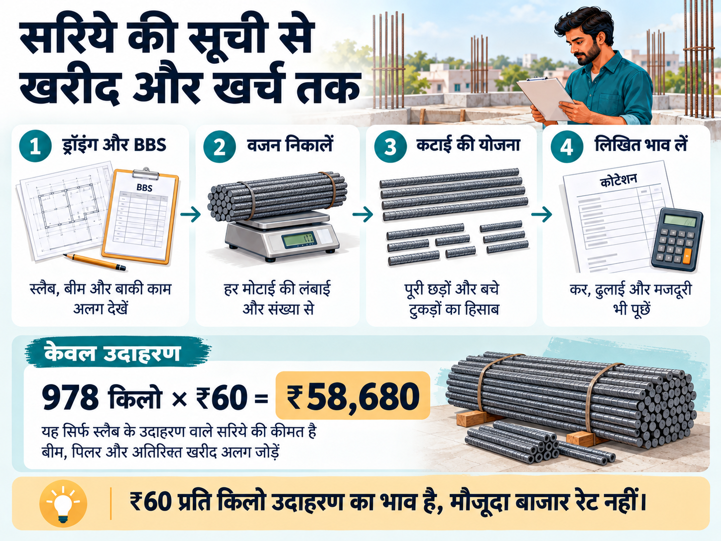 सरिये की खरीद के चार कदम: ड्रॉइंग और BBS देखें, वजन निकालें, कटाई की योजना बनाएँ और लिखित भाव लें; उदाहरण में 978 किलो × ₹60 से ₹58,680 की कीमत दिखाई गई है।