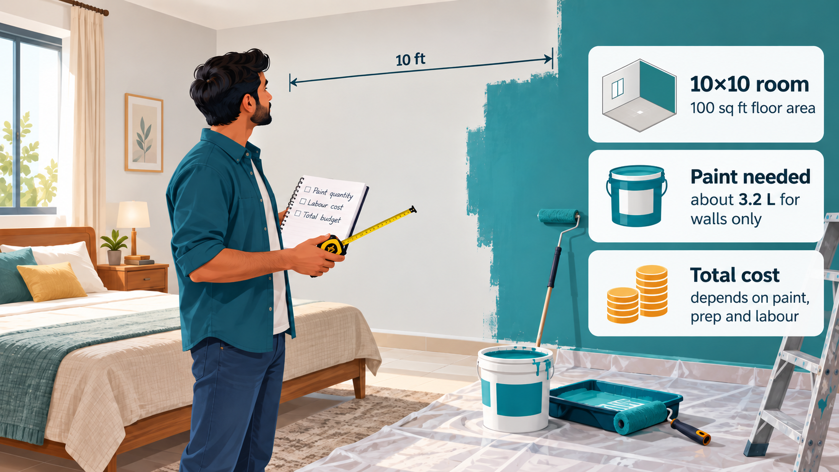 Illustration of a 10×10 ft room showing 367 sq ft of net wall area, an illustrative 3.23 L wall-paint requirement and a separate 100 sq ft ceiling.