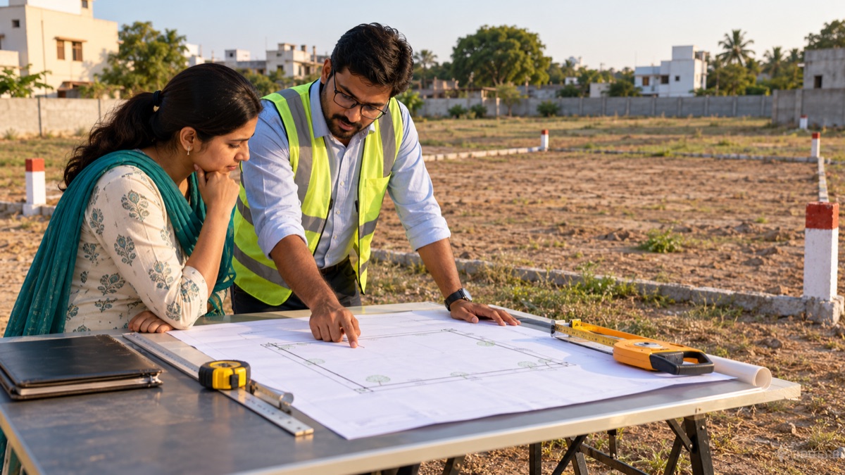 A homeowner and building professional reviewing a plot plan beside a measured rectangular site.