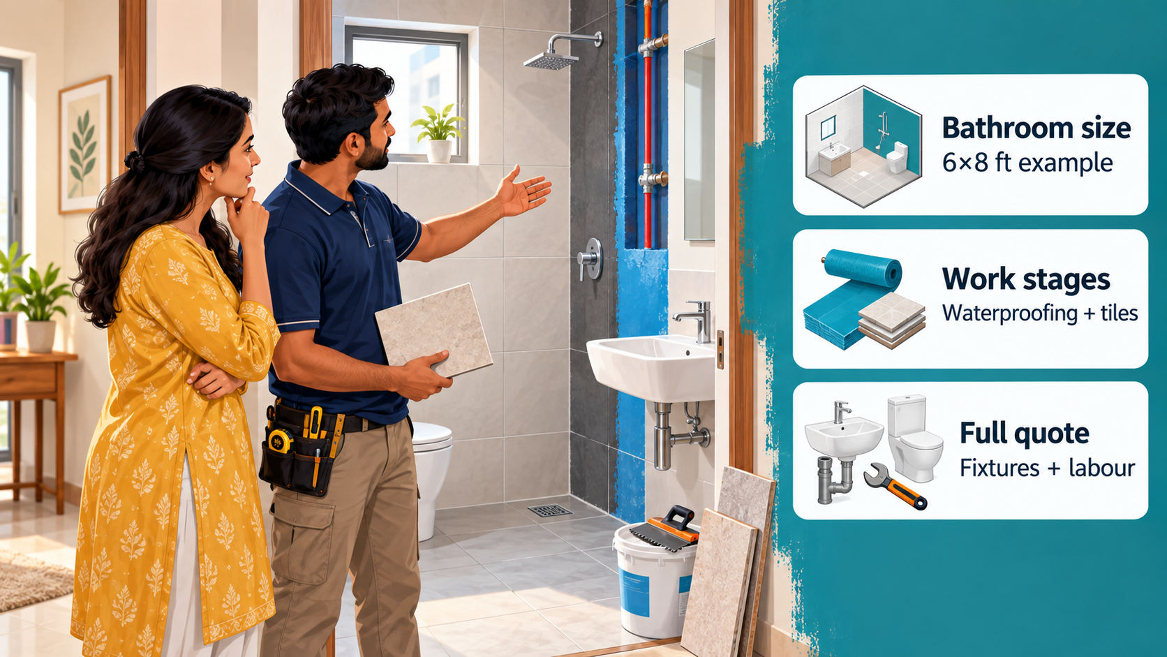Homeowner and renovation professional review a bathroom with exposed plumbing and tile samples; cards summarize the example room, waterproofing and full quote.