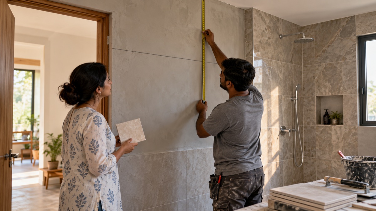 A homeowner measuring a bathroom wall beside partial-height tiles and a fully tiled shower area.