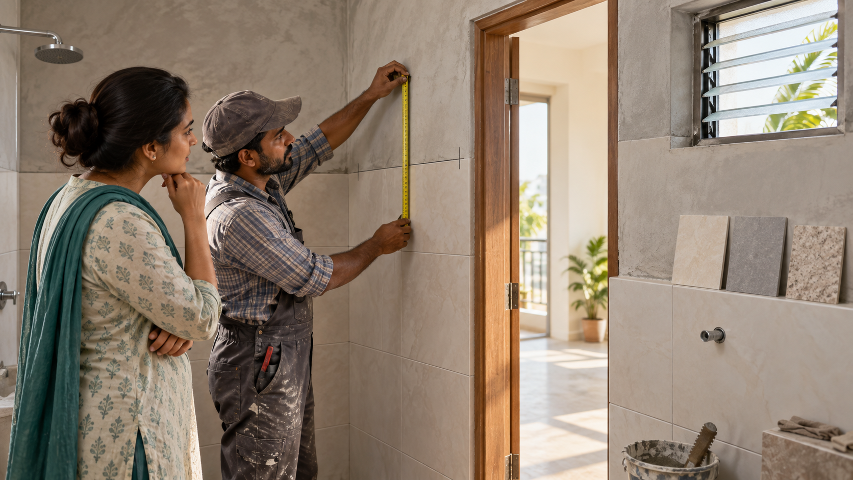 Homeowner and tile installer measuring the chosen tile height beside a bathroom door and ventilator window.