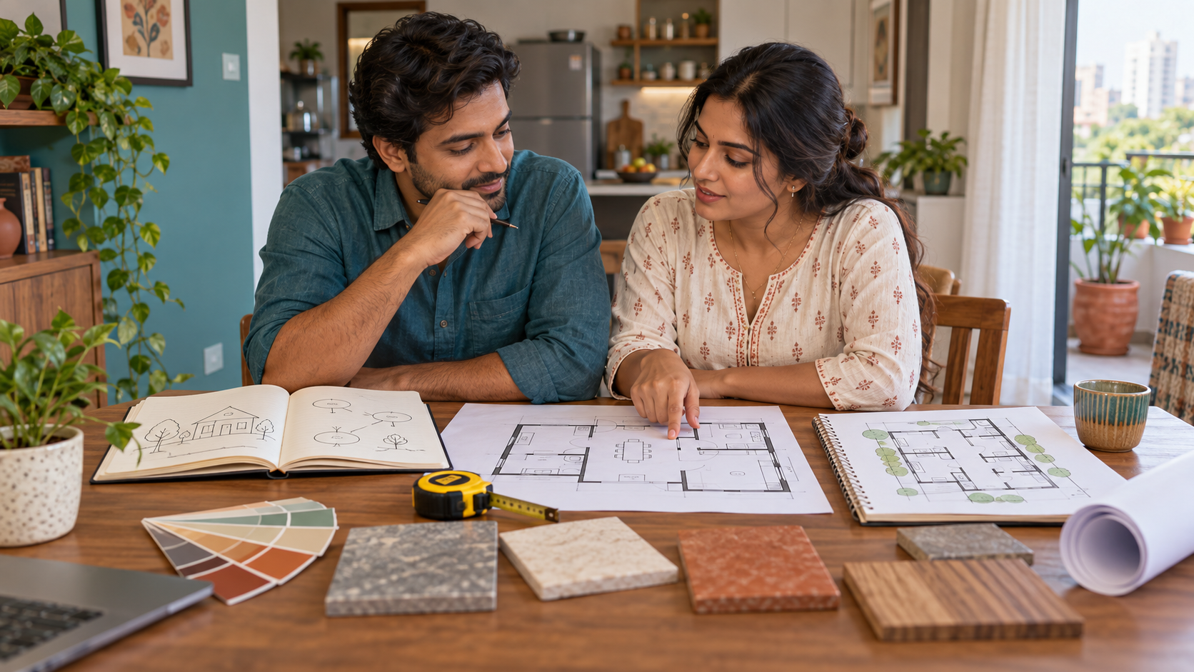 Indian couple reviewing a home plan, tape measure and finish samples at a table.