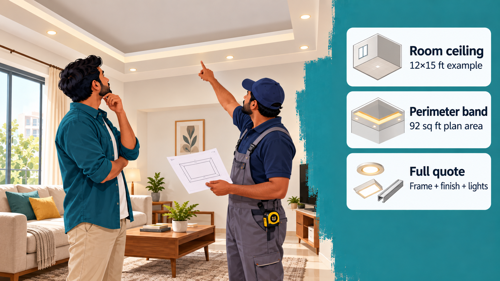 Homeowner and installer inspect a lit perimeter false ceiling; cards identify room size, band area and the components of a full quote.