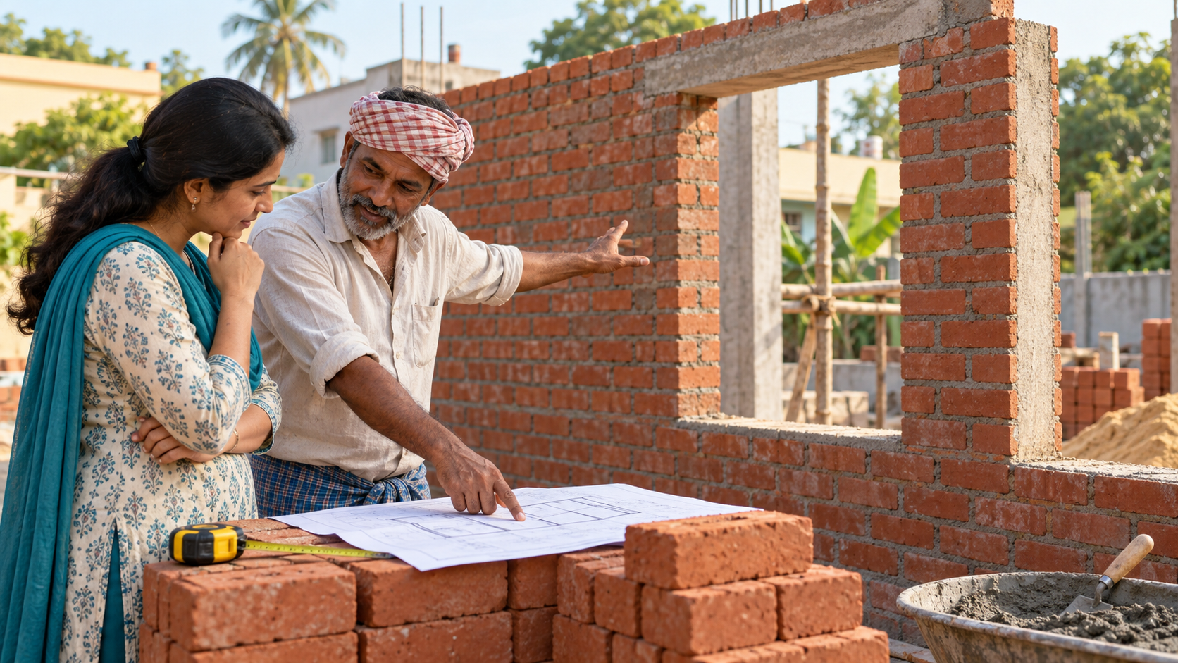 Homeowner and mason reviewing a measured wall with an opening at an Indian residential building site.