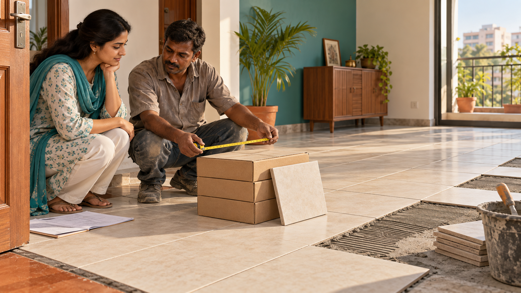 Homeowner and tile installer measuring a partly tiled apartment floor beside plain tile cartons.