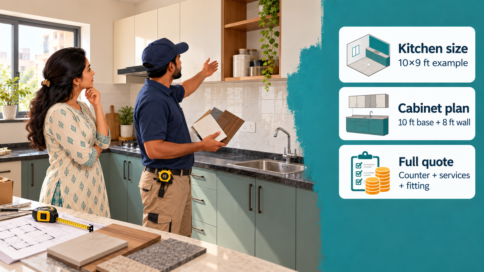 Homeowner and installer review kitchen cabinets, a counter and finish samples; cards show the example kitchen size, cabinet plan and full quote scope.