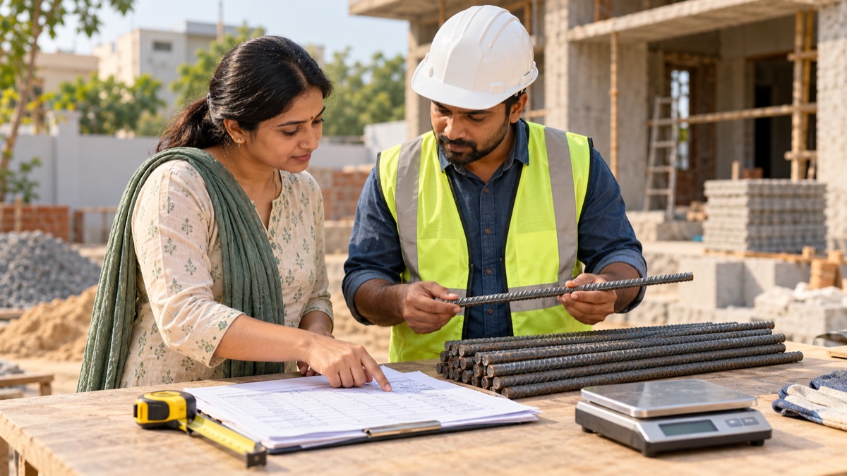 A homeowner and construction professional checking a steel bar beside a bundle of rebar.