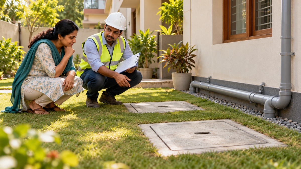 A homeowner and sanitation professional reviewing closed inspection covers and a site plan outside a house.