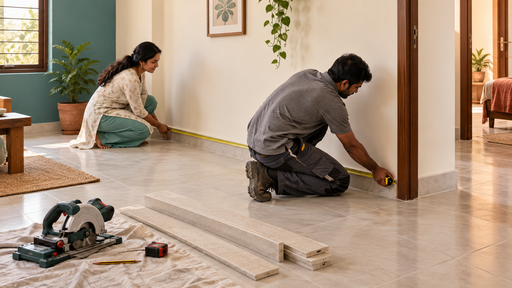 Homeowner and installer measuring the skirting line along a tiled apartment wall up to a doorway.