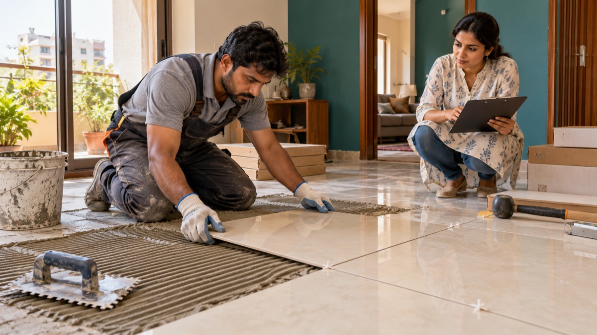 An installer laying a floor tile over combed adhesive while a homeowner reviews the room.