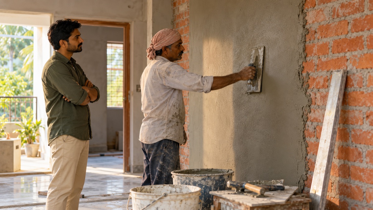 A plasterer finishing part of a masonry wall while a homeowner checks the surface.