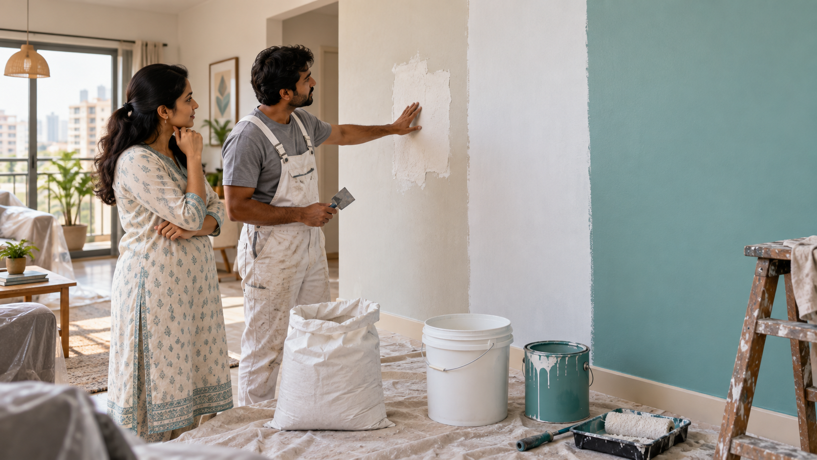 Homeowner and painter inspecting putty, primed and painted areas of an apartment wall.